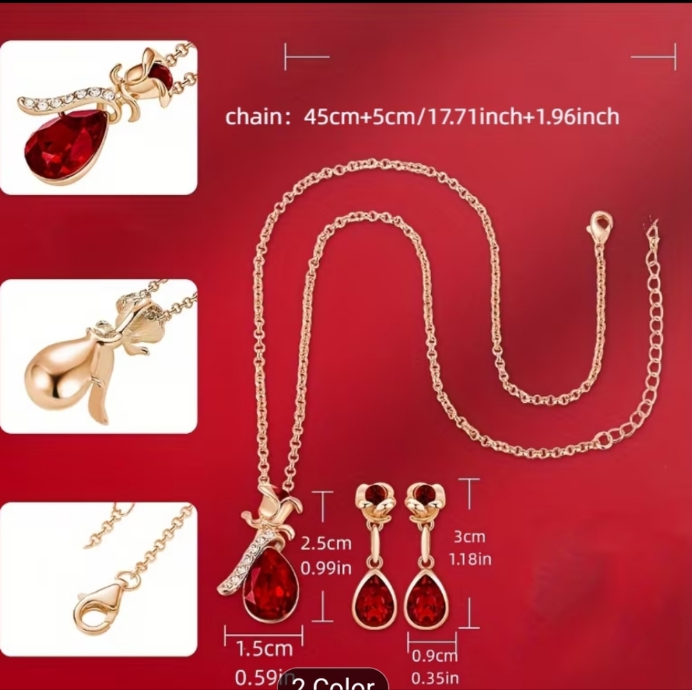 Gold and Red Teardrop Necklace & Earring Set - Elegant Women's Jewelry - Picture 3 of 4